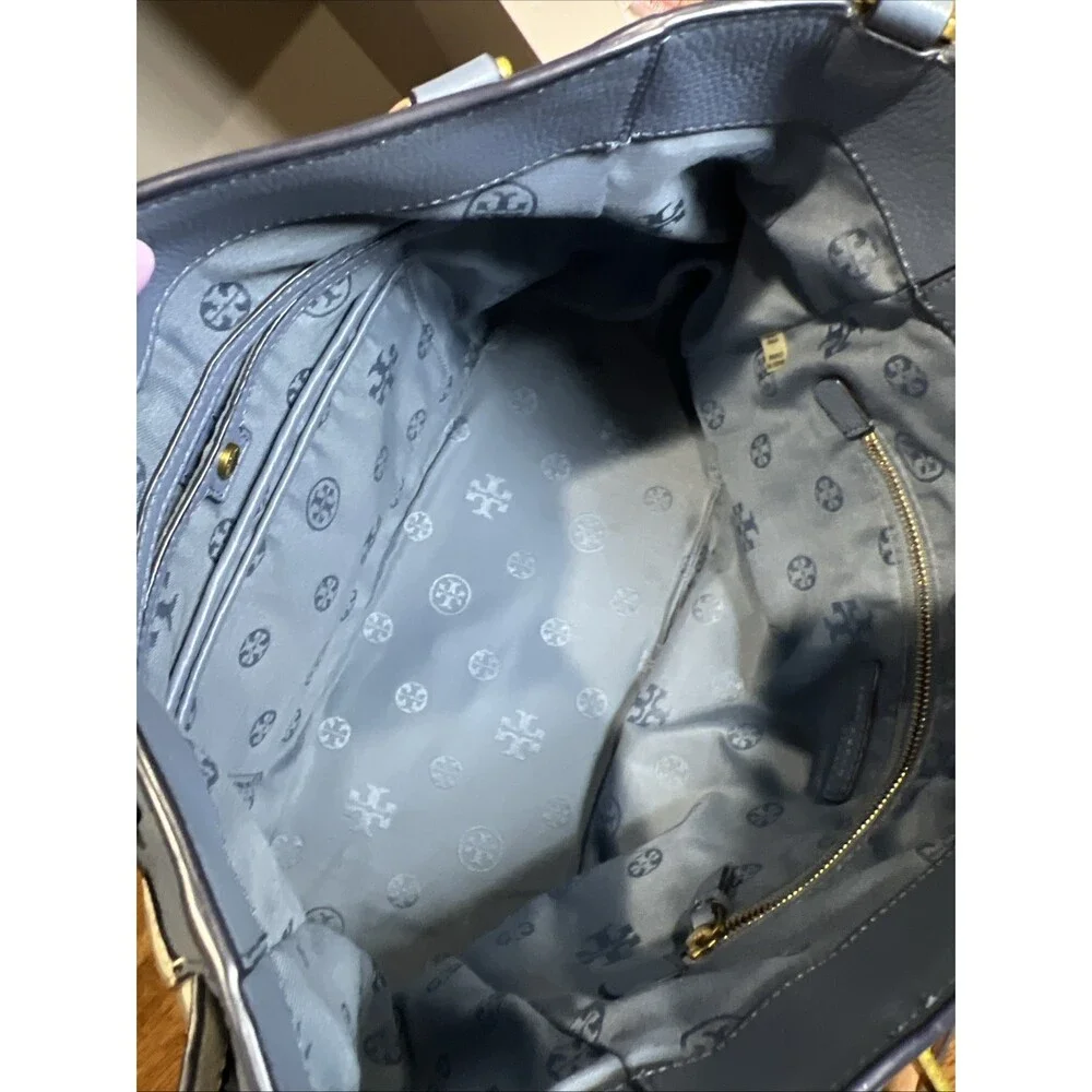 Tory Burch Frances Colorblock Satchel Pebbled Leather Handbag Comet Blue/White